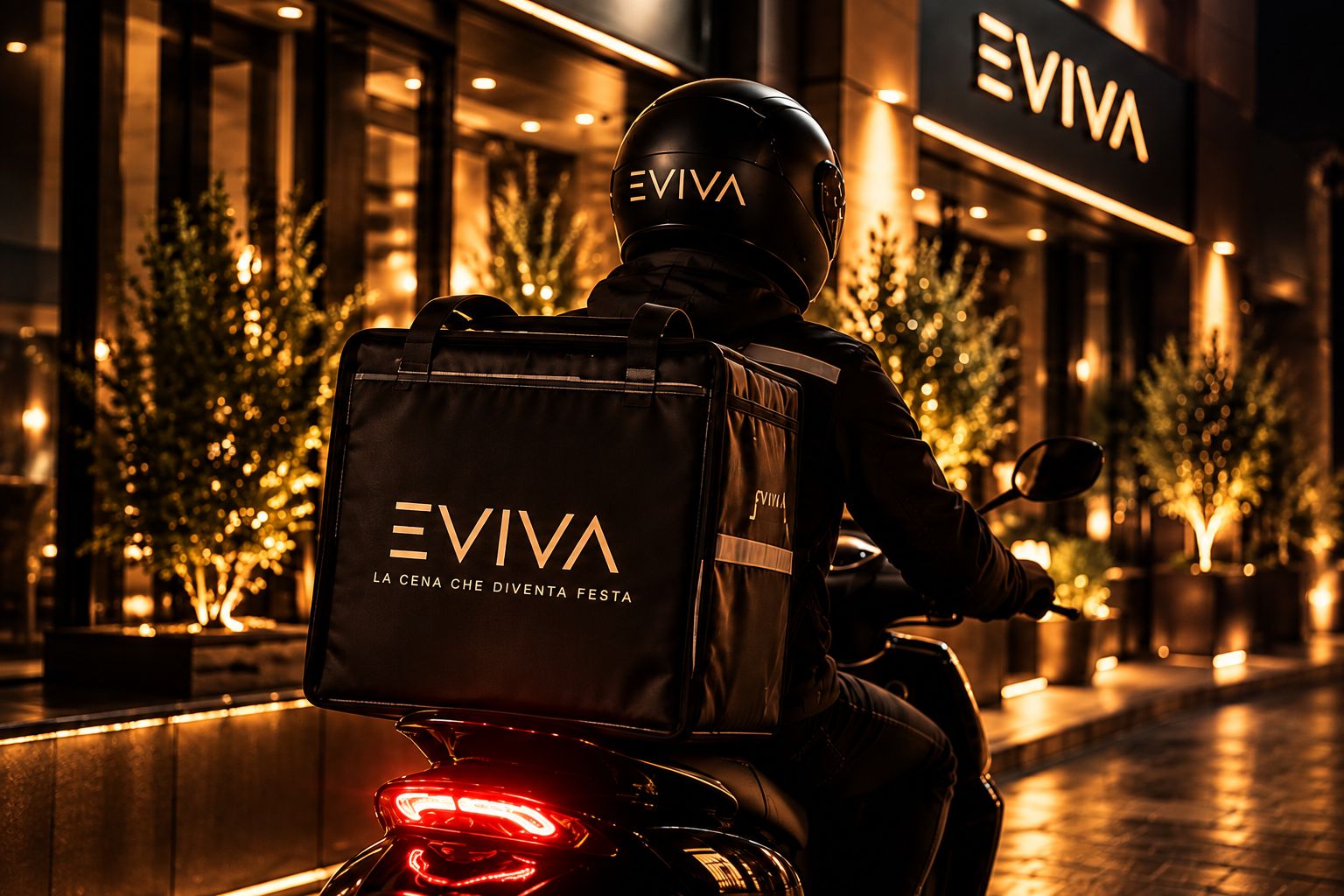 Fattorino EVIVA in scooter davanti al locale